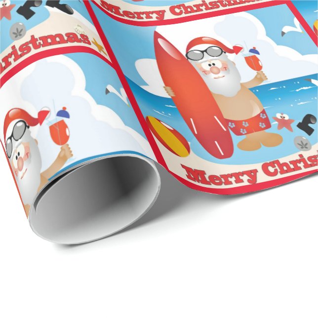 Papier Cadeau Surf Père Noël On Beach Joyeux Noël (Coin rond)