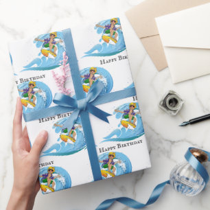 Papier Cadeau Surfer d'anniversaire sur la vague bleue