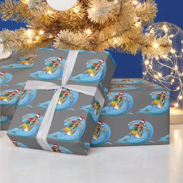 Papier Cadeau Surfer de Noël sur la vague (Vacances)