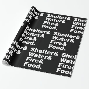 Papier Cadeau Survie (Abri & Eau & Feu & Nourriture). Enveloppem