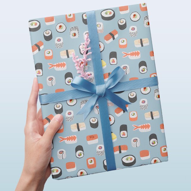 Papier Cadeau Sushi Nigiri Maki Motif bleu (Japanese sushi gift wrapping paper)