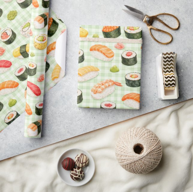 Papier Cadeau Sushi Pattern on Light Green Grid (Artisanat)