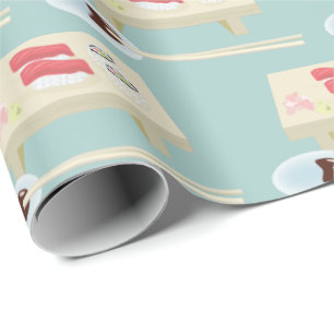 Papier Cadeau Sushi sur un Motif de carte bleu clair