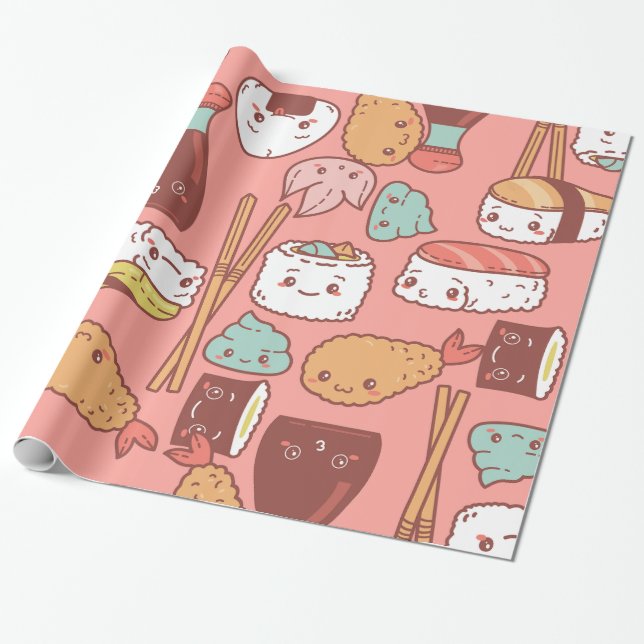 Papier Cadeau sushi tempura rose kawaii mignon (Déroulé)