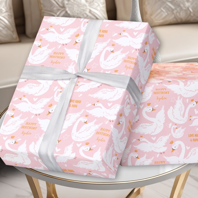 Papier Cadeau Swan Girl Anniversaire Nom Pink Wrapper Papier (Swan Girl Birthday Name Pink Wrapping Paper)