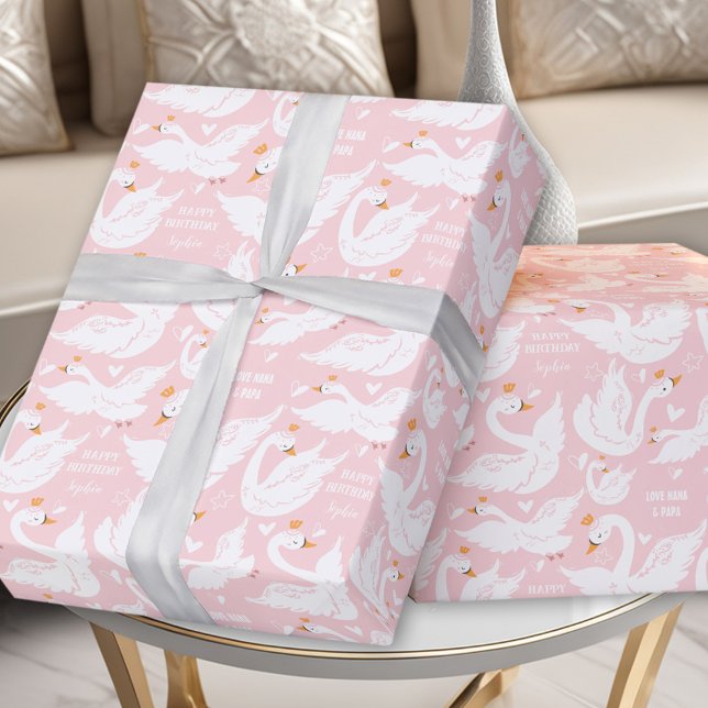 Papier Cadeau Swan Rose Girl Anniversaire Nom Papier d'enveloppe (Swan Pink Girl Birthday Name Wrapping Paper)