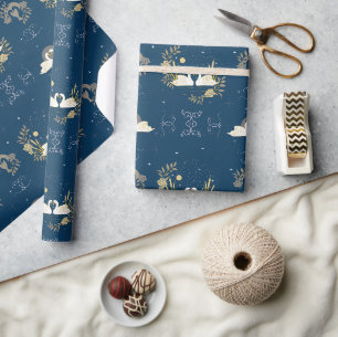 Papier Cadeau Swans en amour Marine et cadeau or