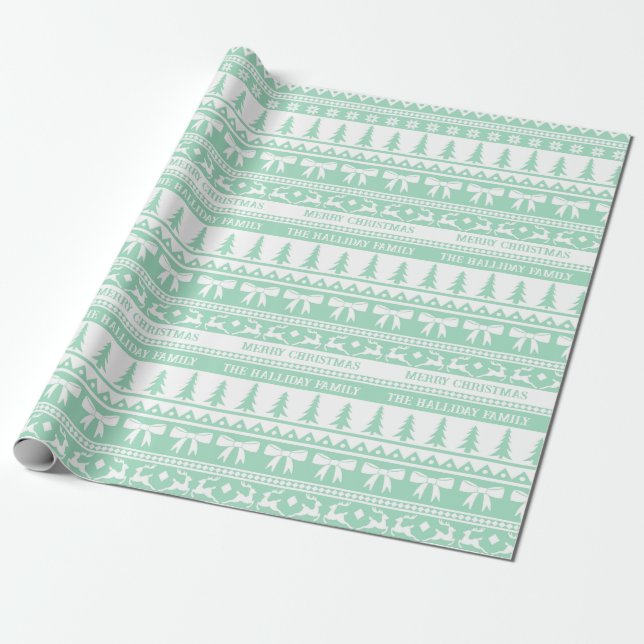 Papier Cadeau Sweat de Noël Nom de famille Monogram Mint Green (Déroulé)