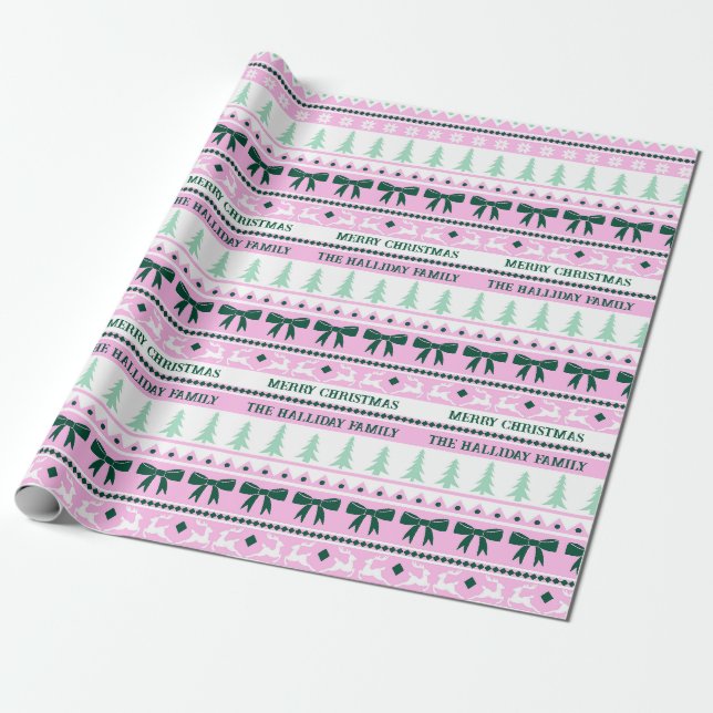 Papier Cadeau Sweat moche de Noël Nom de famille rose et vert (Déroulé)