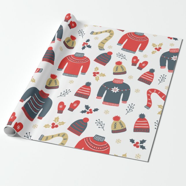 Papier Cadeau Sweaters de Noël mignons et Motif Casquette (Déroulé)