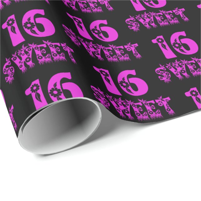 Papier Cadeau Sweet 16 Jolie florale Hot rose Typographie (Coin rond)