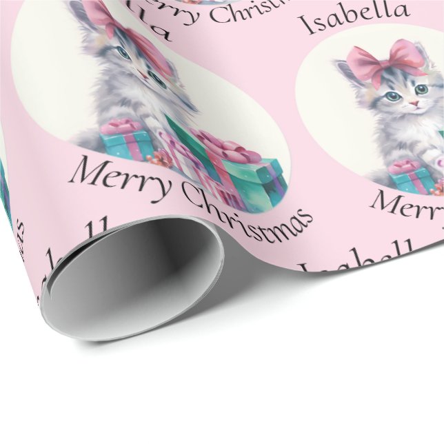 Papier Cadeau Sweet Christmas Kitten Big Pink Bow Add Name (Coin rond)