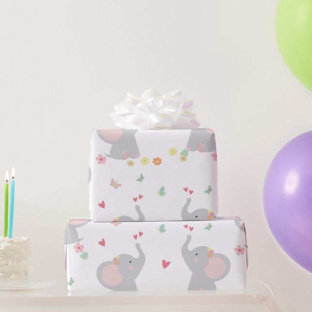 Papier Cadeau Sweet Elephants Coeurs bébé fille (Cadeaux de fête)