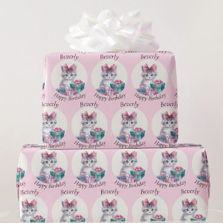 Papier Cadeau Sweet Kitten Big Pink Bow Ajouter Anniversaire Nom