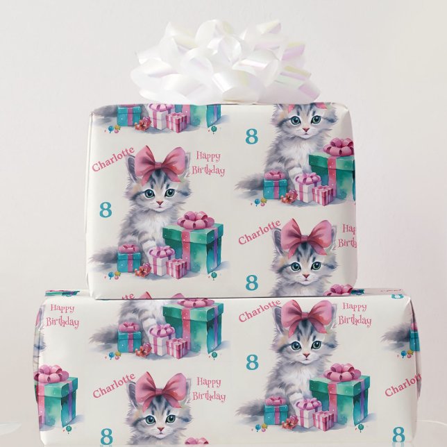 Papier Cadeau Sweet Kitty Joyeux Anniversaire Nom de la fille Âg (Créateur téléchargé)