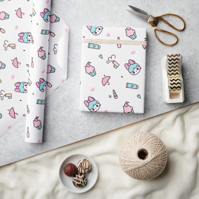 Papier Cadeau Sweet Pastel Kawaii Pattern – Stars & Makeup (Artisanat)
