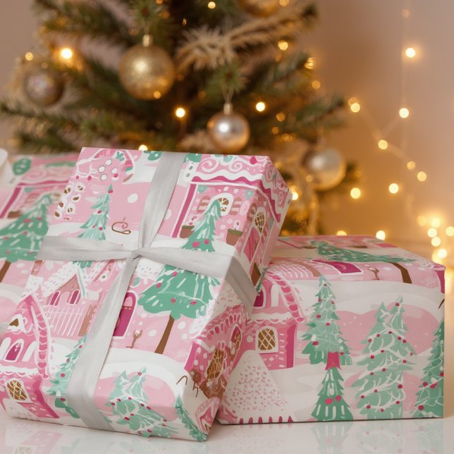 Papier Cadeau Sweet Pastel Pink Gingerbread Village Noël (Créateur téléchargé)