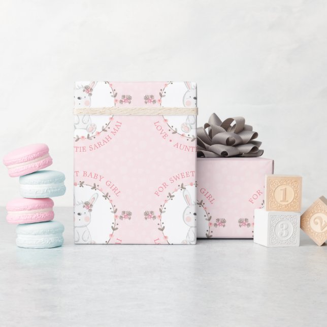 Papier Cadeau Sweet Rose Baby Bunny Floral Wreath Personnalisé (Baby Shower)