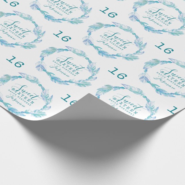Papier Cadeau Sweet sixteen plume perles aqua blanc aquarelle (Coin)