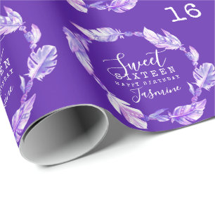Papier Cadeau Sweet sixteen plumes et perles couleur pourpre