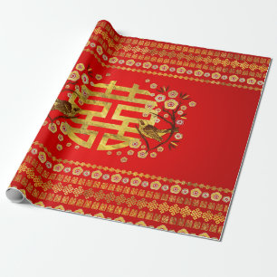 Papier Cadeau Symbole Double Bonheur Or avec fleurs et oiseau