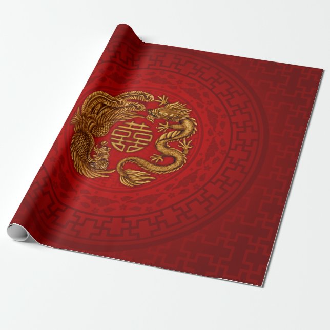 Papier Cadeau Symbole du Bonheur avec Phoenix et Dragon (Déroulé)