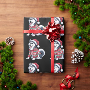 Papier Cadeau T-shirt Ugly de Noël avec Chien Husky Sibérien et