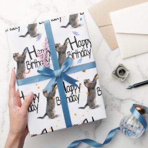 Papier Cadeau Tabby Cat avec texte d'anniversaire et Confetti