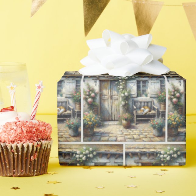 Papier Cadeau Tabby Chat Sur Ancien Banc (Fête d'anniversaire)