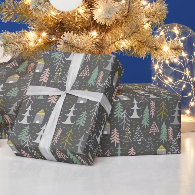 Papier Cadeau Tableau noir Arbres de Noël et Maisons Jaune rose (Vacances)