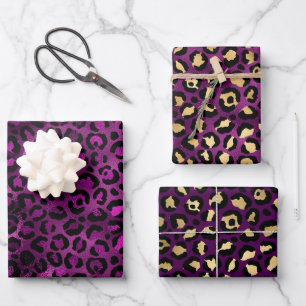Papier Cadeau Taches de léopard en feuille d'or et violet stylé 