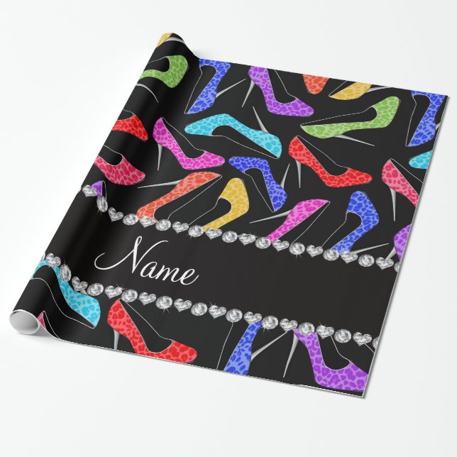 Papier Cadeau Talons hauts noirs nommés personnalisés de léopard (Déroulé)