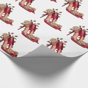 Papier Cadeau Talons hauts rouges élégants avec roses dorées    