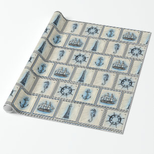 Papier Cadeau Tan et hippocampes et phares nautiques bleus