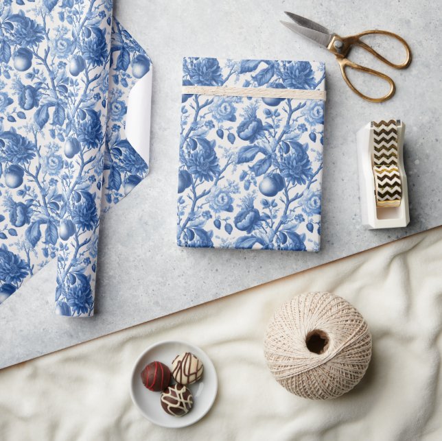 Papier Cadeau Tapisserie Botanique Bleue Sérène (Artisanat)