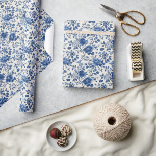 Papier Cadeau Tapisserie Florale Bleue Élégante