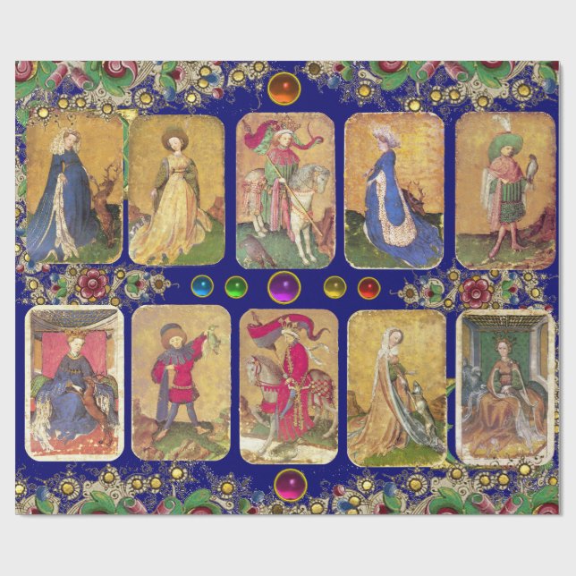 Papier Cadeau Tarots antiques, Cartes de cour allemandes, Bleu o (Plat)