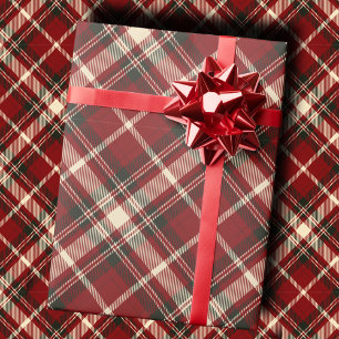 Papier Cadeau Tartan à carreaux diagonaux en Bourgogne et crème