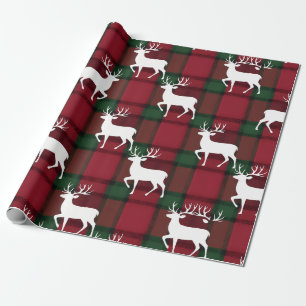 Papier Cadeau Tartan à carreaux et rennes blancs de fêtes