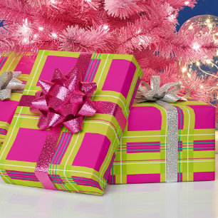 Papier Cadeau Tartan à carreaux rose vif et amusant de Noël