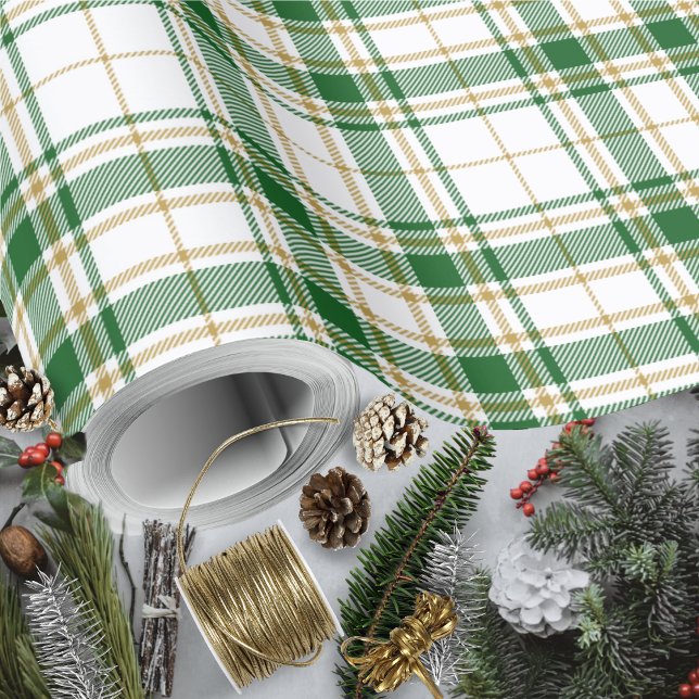 Papier Cadeau Tartan - Blanc-Vert-Caramel Or (Tartan - White-Green-Caramel Gold Wrapping Paper by Leapfroglisics Shop)