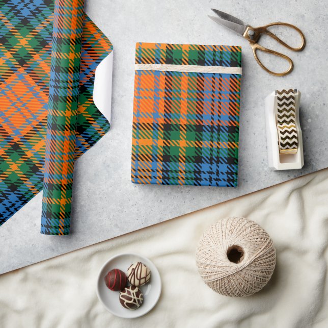 Papier Cadeau Tartan bleu orange vert rustique (Artisanat)