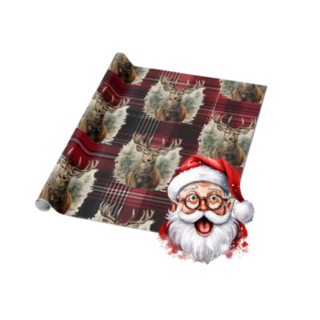 Papier Cadeau Tartan écossais de Noël rouge foncé renne (Scottish Reindeer Christmas Paper)