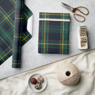 Papier Cadeau Tartan Luxe Émeraude, Nuit et Or | Élégant