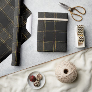 Papier Cadeau Tartan Noir & Or Luxueux | Carreaux Élégants