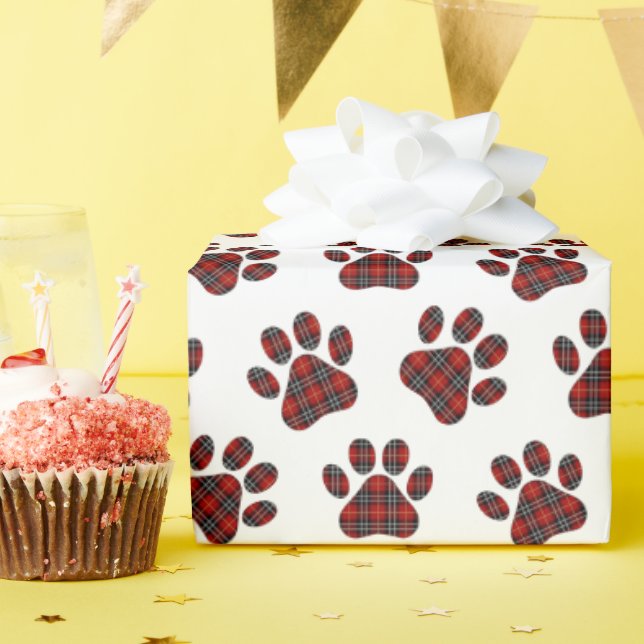 Papier Cadeau Tartan Plaid Empreintes de pattes (Fête d'anniversaire)