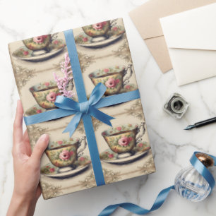 Papier Cadeau Tasse à thé florale vintage de style campagnard fr