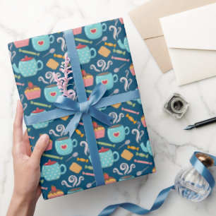 Papier Cadeau Tasse de café Thé Biscuit Cupcake Teapot bleu
