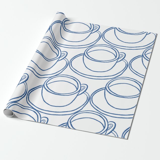 Papier Cadeau Tasses à thé d'art bleu et blanc (Déroulé)