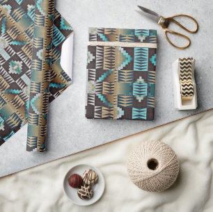 Papier Cadeau Taupe Brown Beige Aqua Turquoise Blue Tribe Art